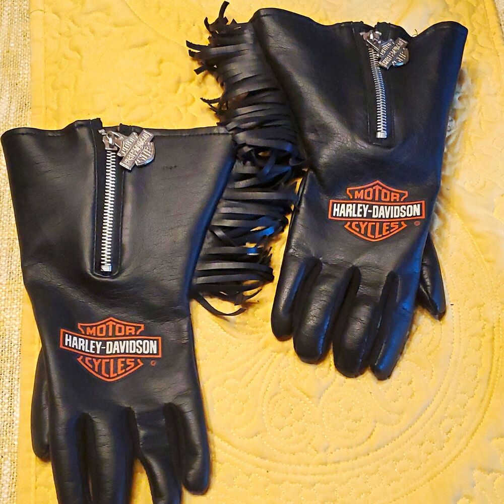Vintage 1994 Harley Davidson Leather Look Gloves With Fringe & Zipper Small